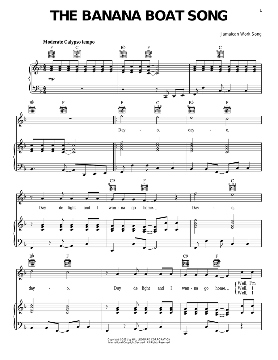 The Banana Boat Song (Day-O) Piano, Vocal, Guitar scores gallery preview page 1
