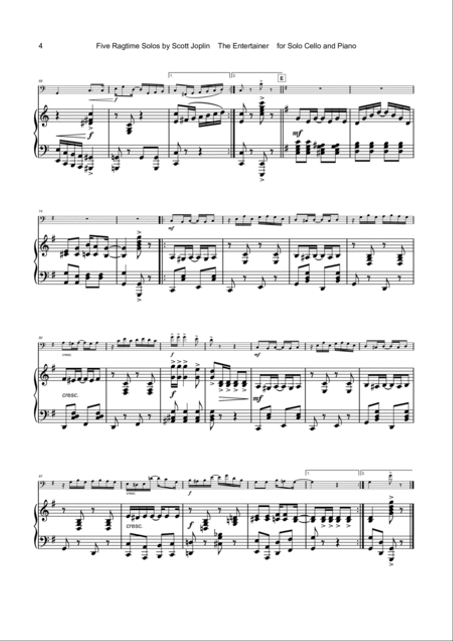 Five Ragtime Solos by Scott Joplin for Cello and Piano