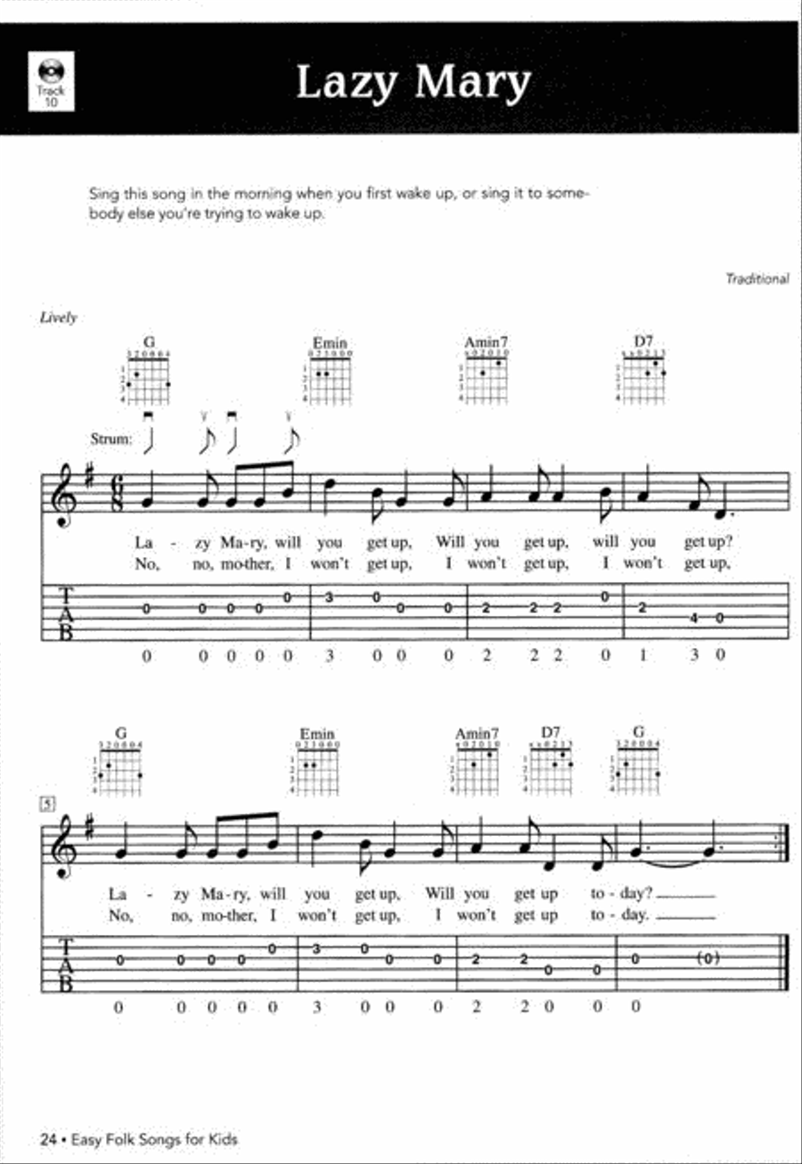 Guitar Tab: Easy Folk Songs For Kids (Book & Cd) Acoustic Guitar scores gallery preview page 2
