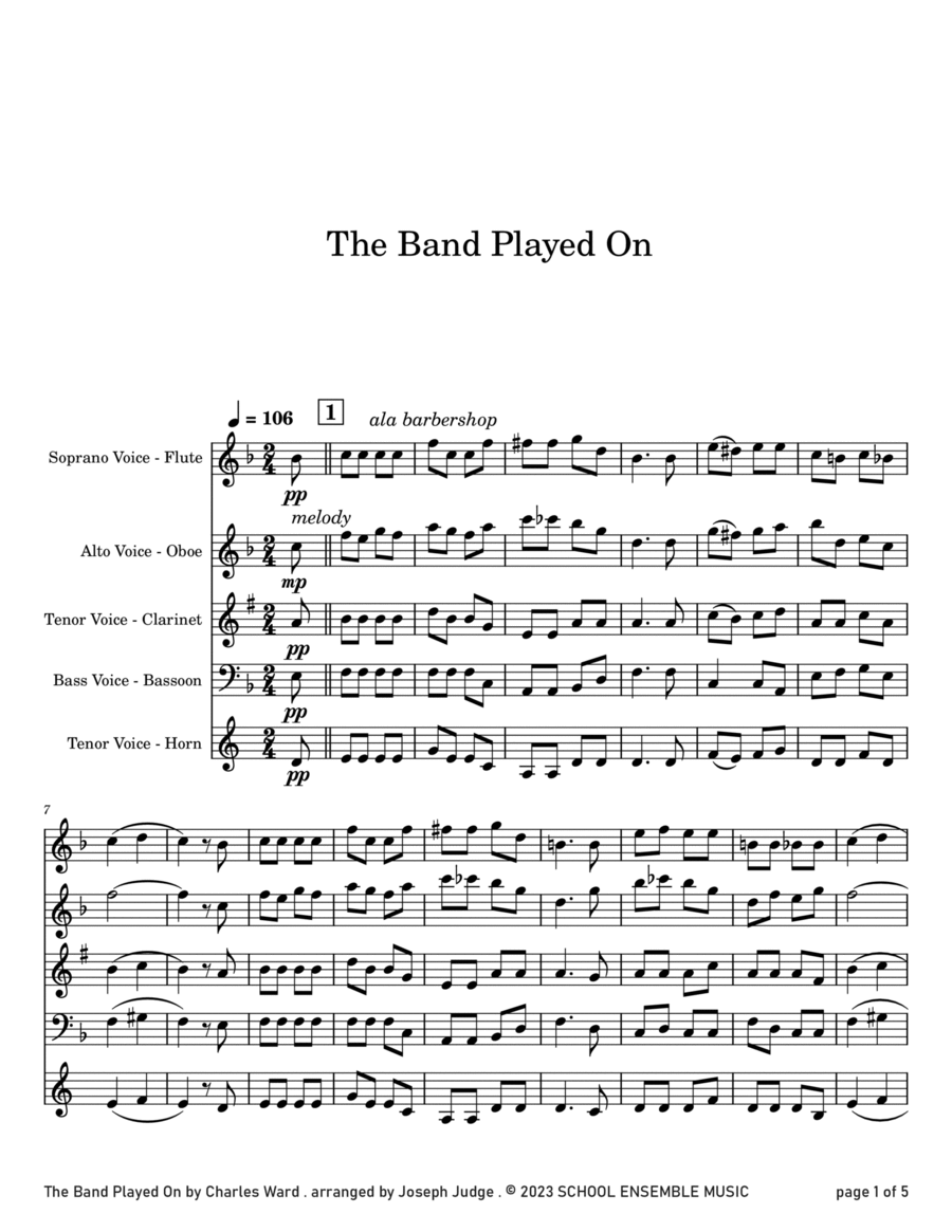 The Band Played On by Ward for Woodwind Quartet in Schools Woodwind Quartet scores gallery preview page 1