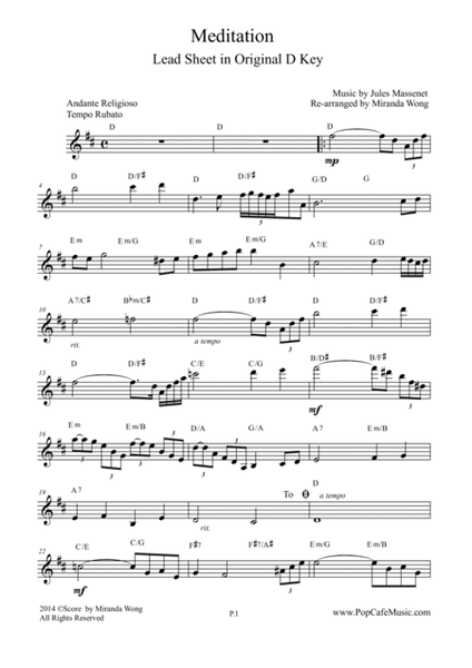Meditation (from Thais) - Lead Sheet in Original D Key image number null