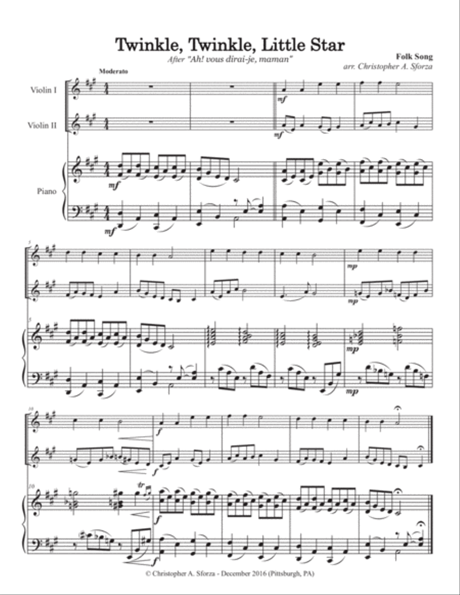 Twinkle, Twinkle, Little Star, for two violins and piano String Duet scores gallery preview page 2