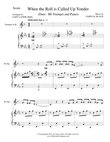 WHEN THE ROLL IS CALLED UP YONDER (Duet – Bb Trumpet and Piano/Score and Parts) image number null