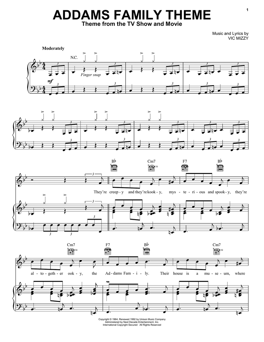 The Addams Family Theme Piano, Vocal, Guitar scores gallery preview page 1
