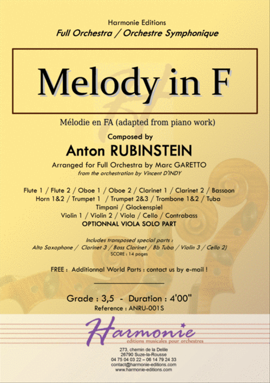 Melody in F for Full Orchestra // Anton RUBINSTEIN - Vincent D'INDY - Marc GARETTO Full Orchestra scores gallery preview page 1