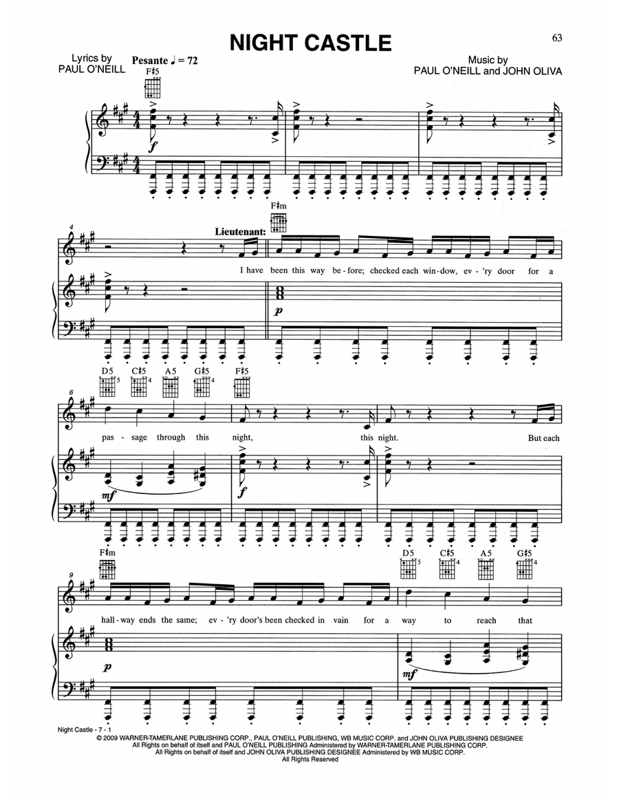 Night Castle Piano, Vocal, Guitar scores gallery preview page 1