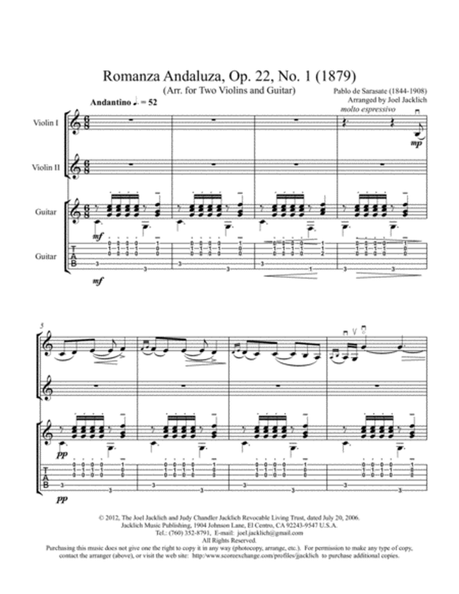 Romanza Andaluza, Op. 22, No. 1 for TWO Violins and Guitar image number null