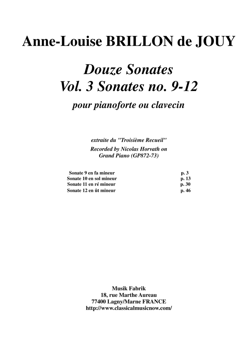 Anne-Louise Brillon de Jouy: 12 Sonatas, Vol. 3: Sonatas 9-12 for piano or harpsichord