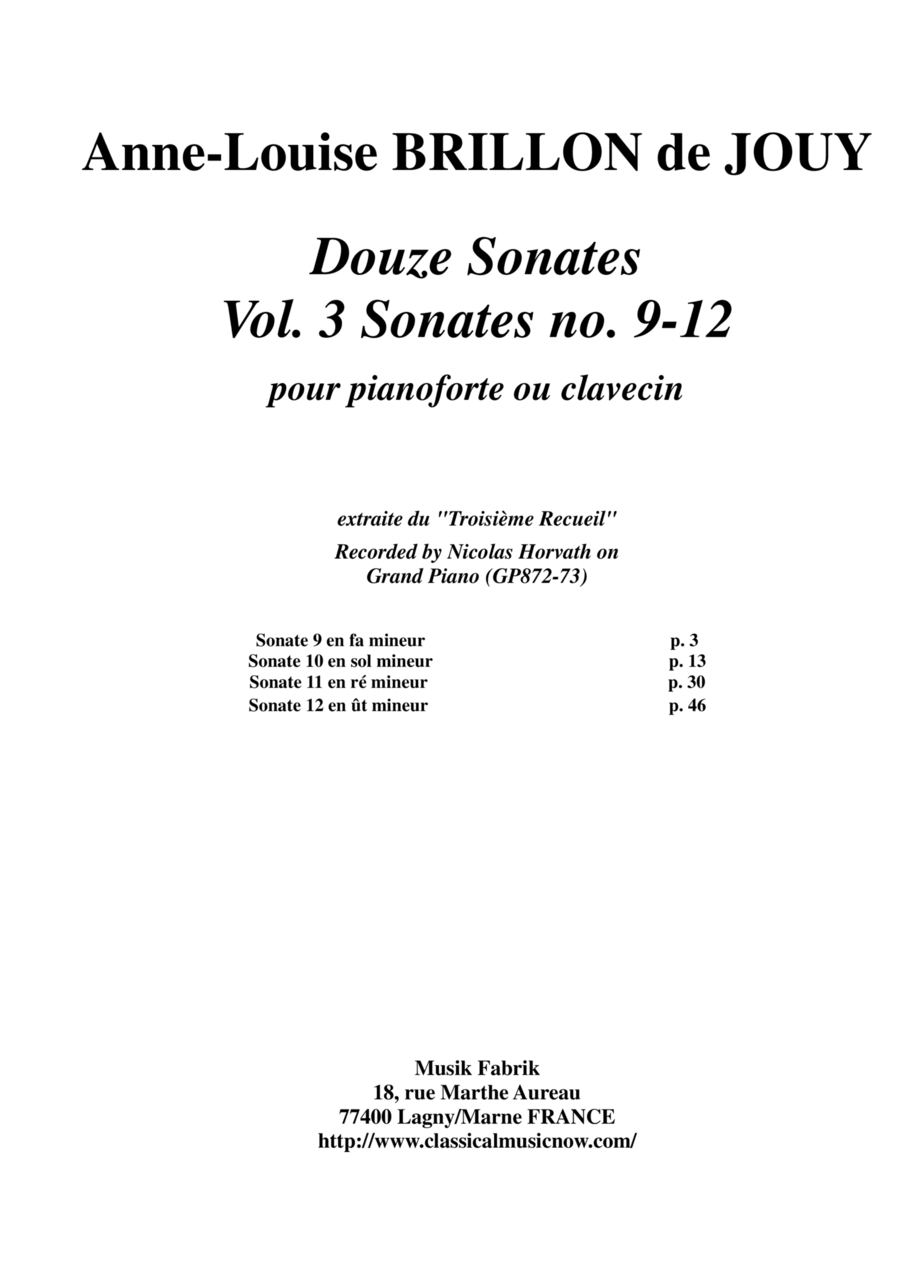 Anne-Louise Brillon de Jouy: 12 Sonatas, Vol. 3: Sonatas 9-12 for piano or harpsichord