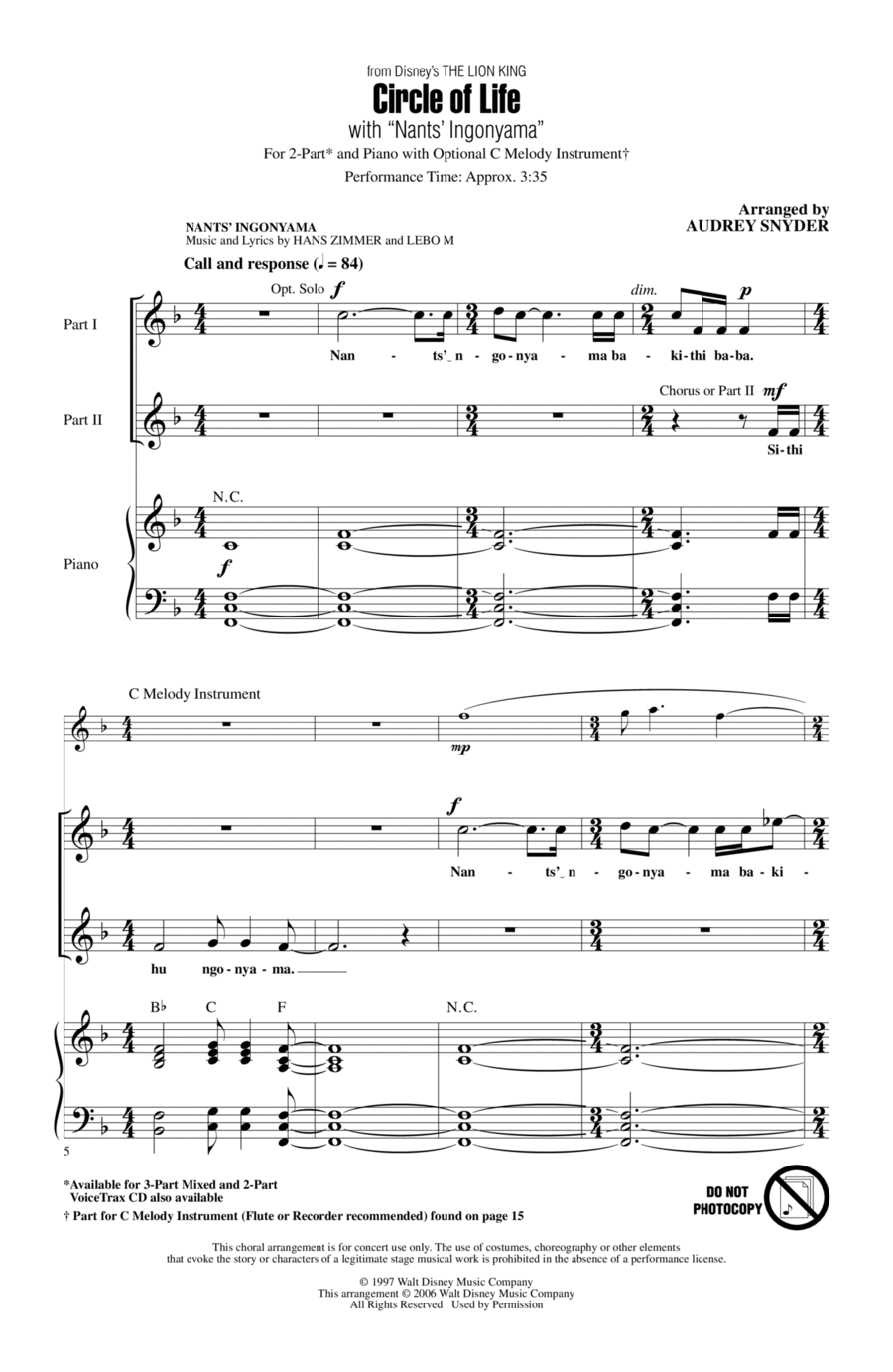 Circle Of Life (with Nants' Ingonyama) (from The Lion King) (Arr. Audrey Snyder) 2-Part scores gallery preview page 1
