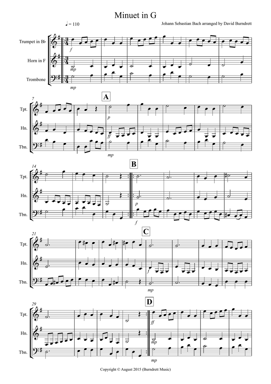 Minuet in G by Bach for Brass Trio Brass Trio scores gallery preview page 1