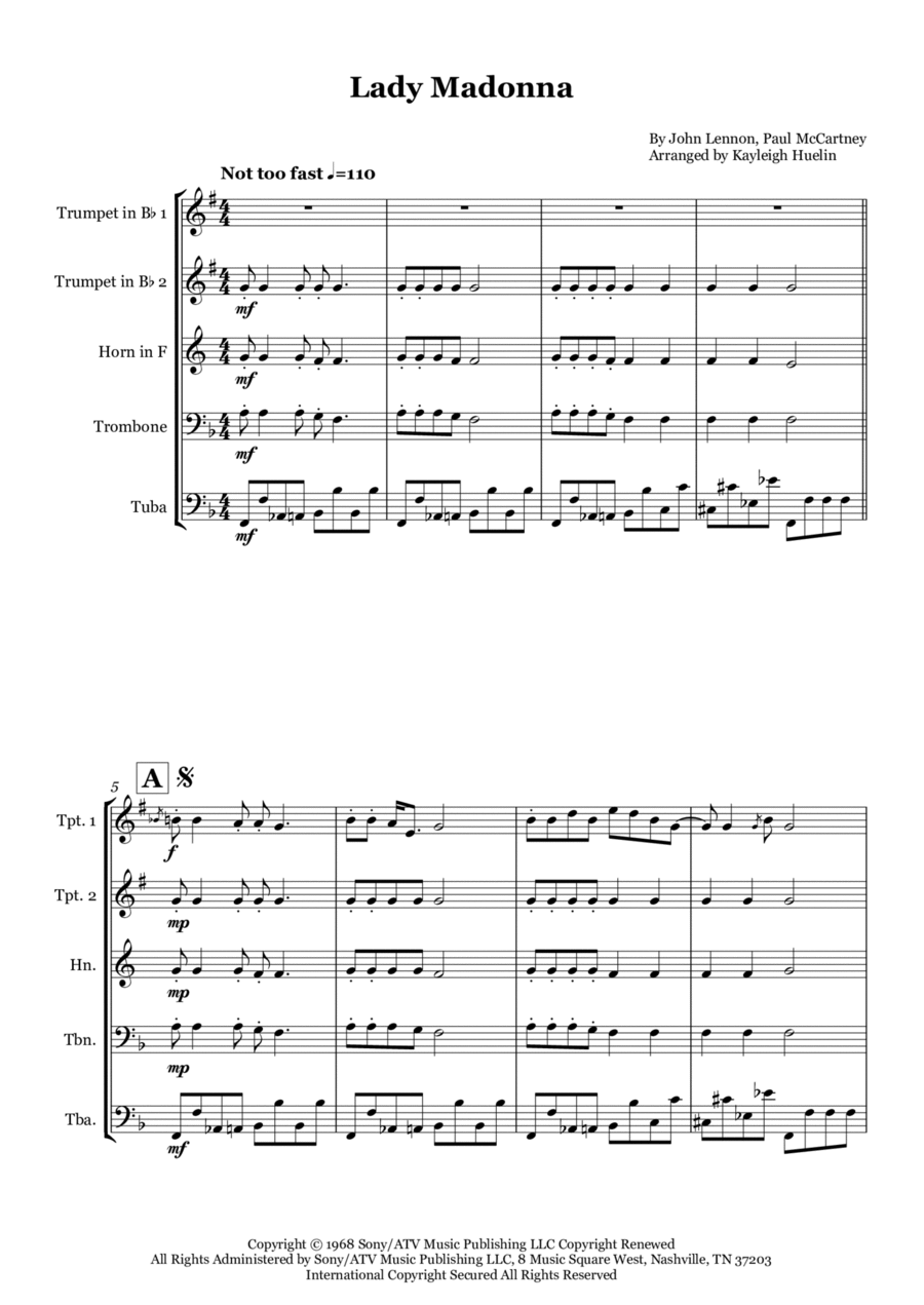 Lady Madonna Lady Madonna Brass Quintet scores gallery preview page 1
