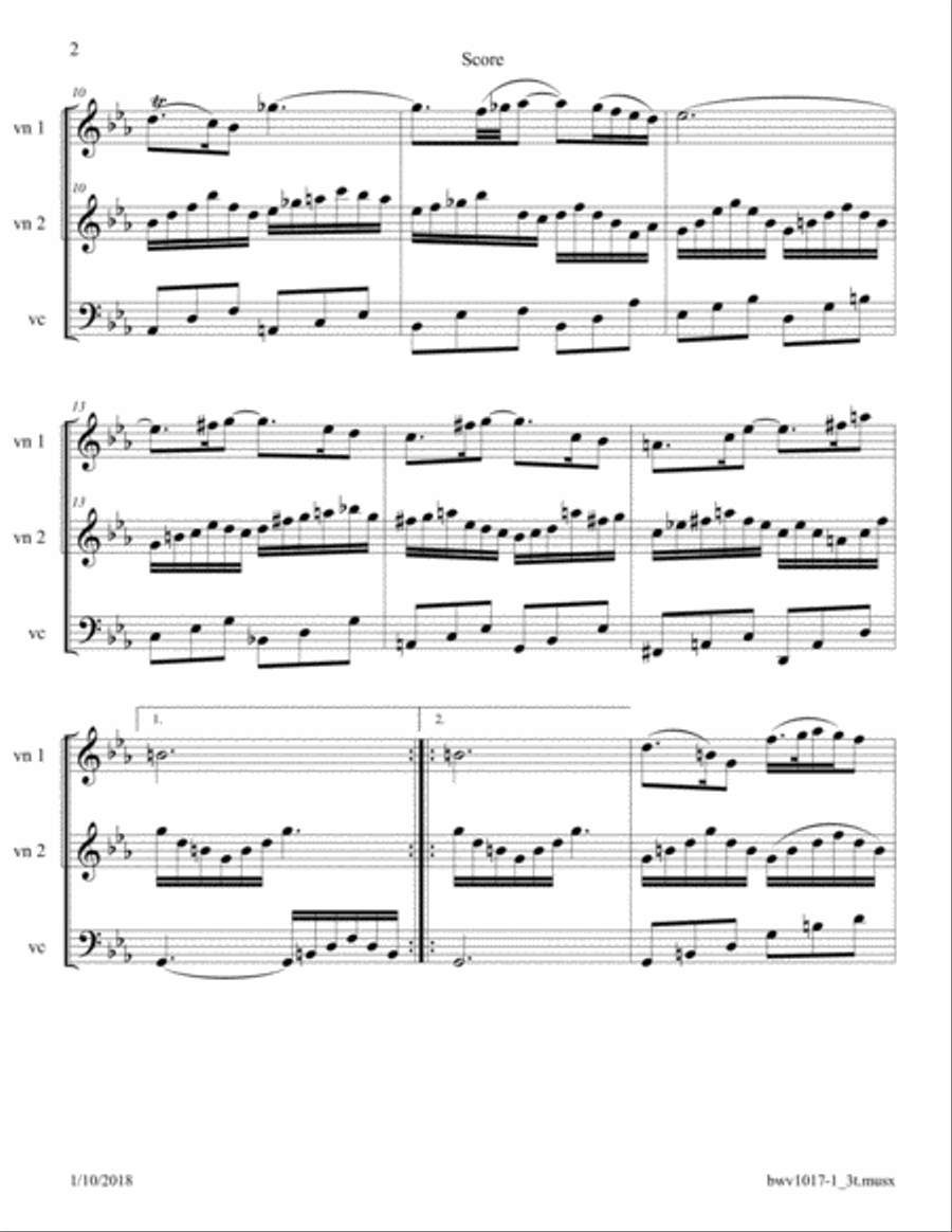 Bach: Violin and Piano Sonata BWV 1017, First Movement (Siciliano) Arr. for 2 Violins and Cello String Trio scores gallery preview page 2
