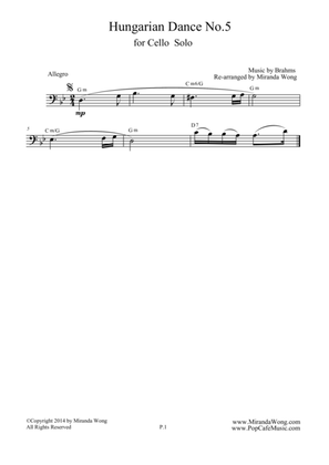 Hungarian Dance No.5 in G Minor - Cello Solo (Easy Version)