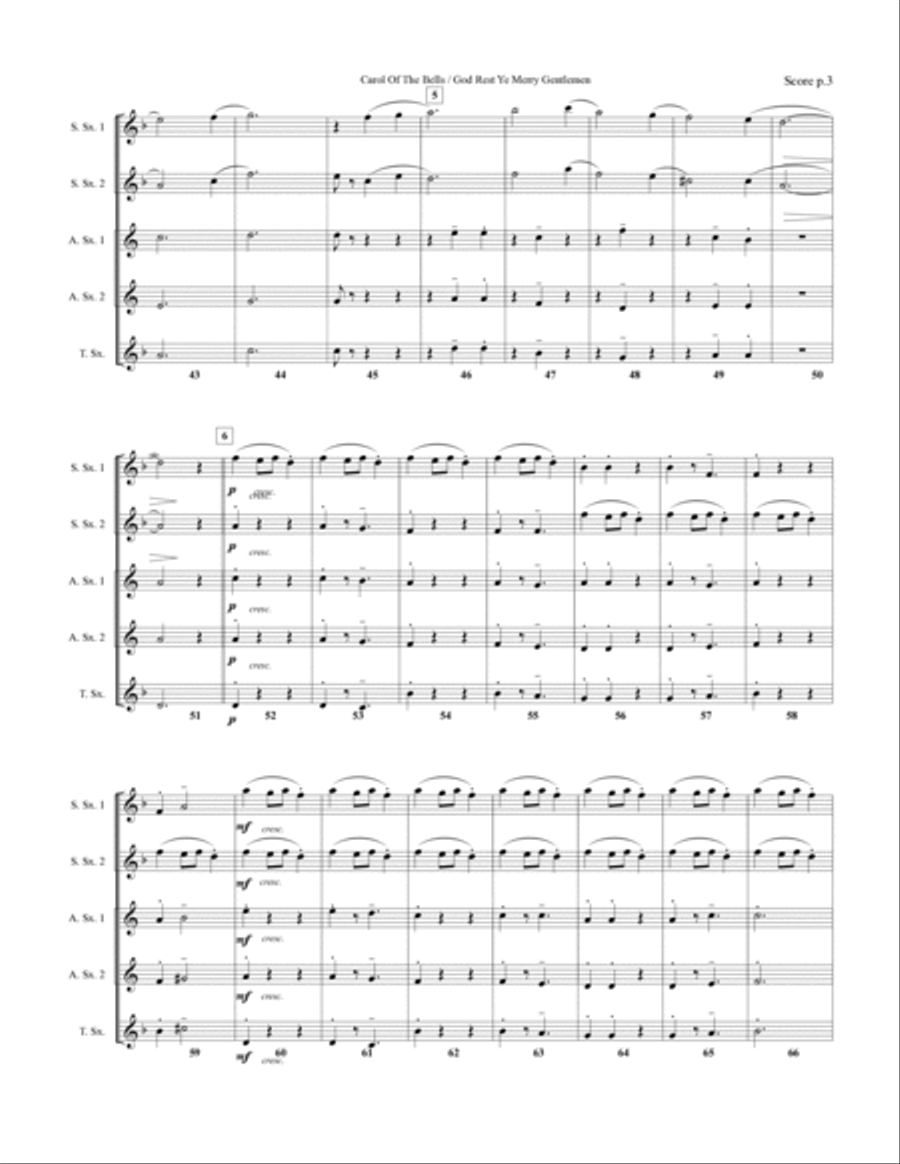 Carol Of The Bells / God Rest Ye Merry Gentlemen - 2 Soprano Saxes, 2 Alto Saxes, Tenor Sax (Optiona Woodwind Trio scores gallery preview page 5