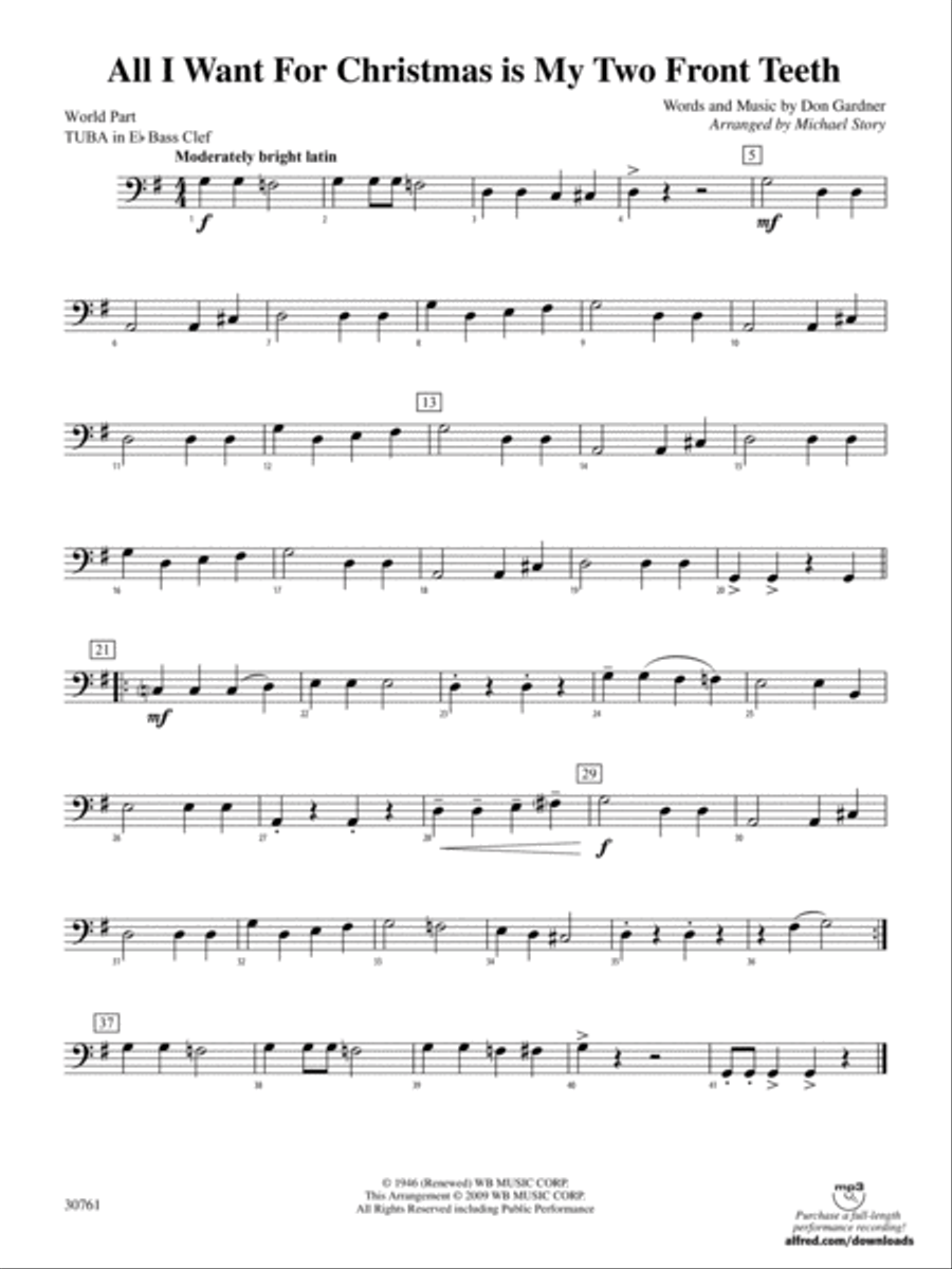 All I Want for Christmas Is My Two Front Teeth: (World Part) E-flat Tuba B.C. Concert Band scores gallery preview page 1