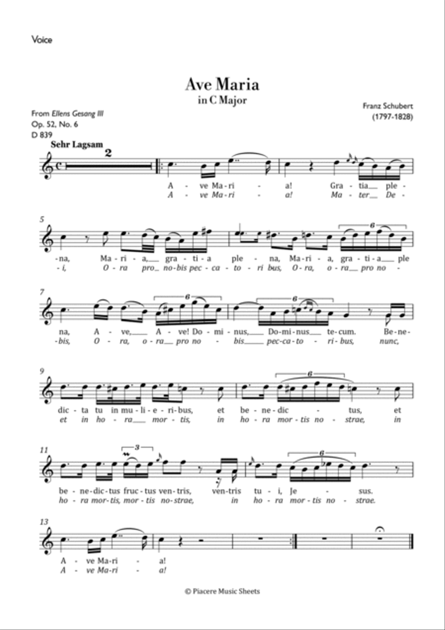 Schubert - Ave Maria in C Major for High Voice & Piano - Intermediate High Voice scores gallery preview page 5