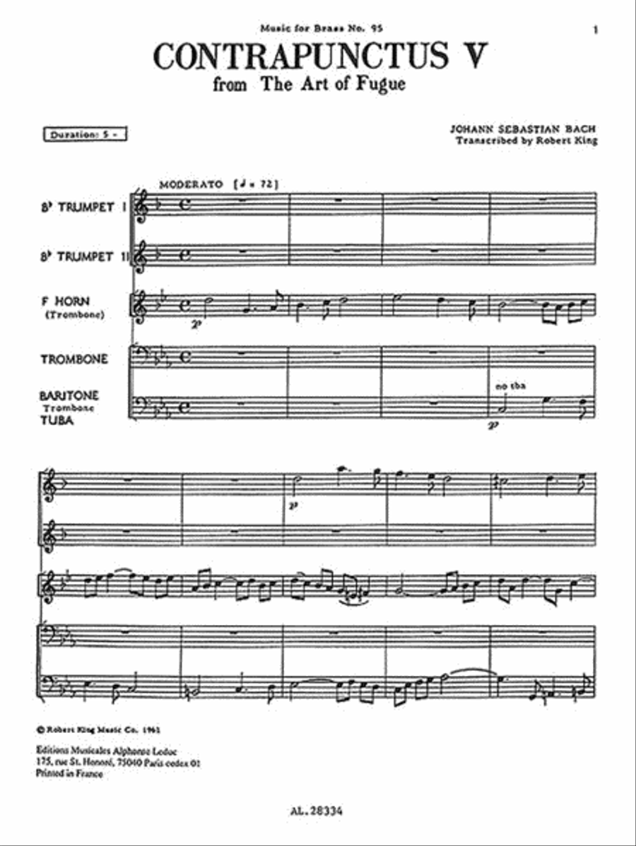 Bach Js King Art Of Fugue Contrapunctus 5 Brass Quintet Mfb095 Sc/pts Brass Quintet scores gallery preview page 3