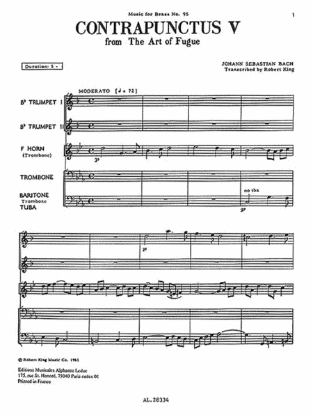 Bach Js King Art Of Fugue Contrapunctus 5 Brass Quintet Mfb095 Sc/pts