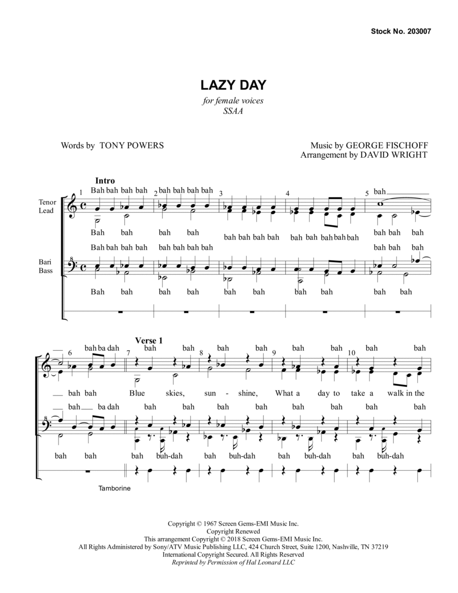 Lazy Day (arr. David Wright) SSAA scores gallery preview page 1