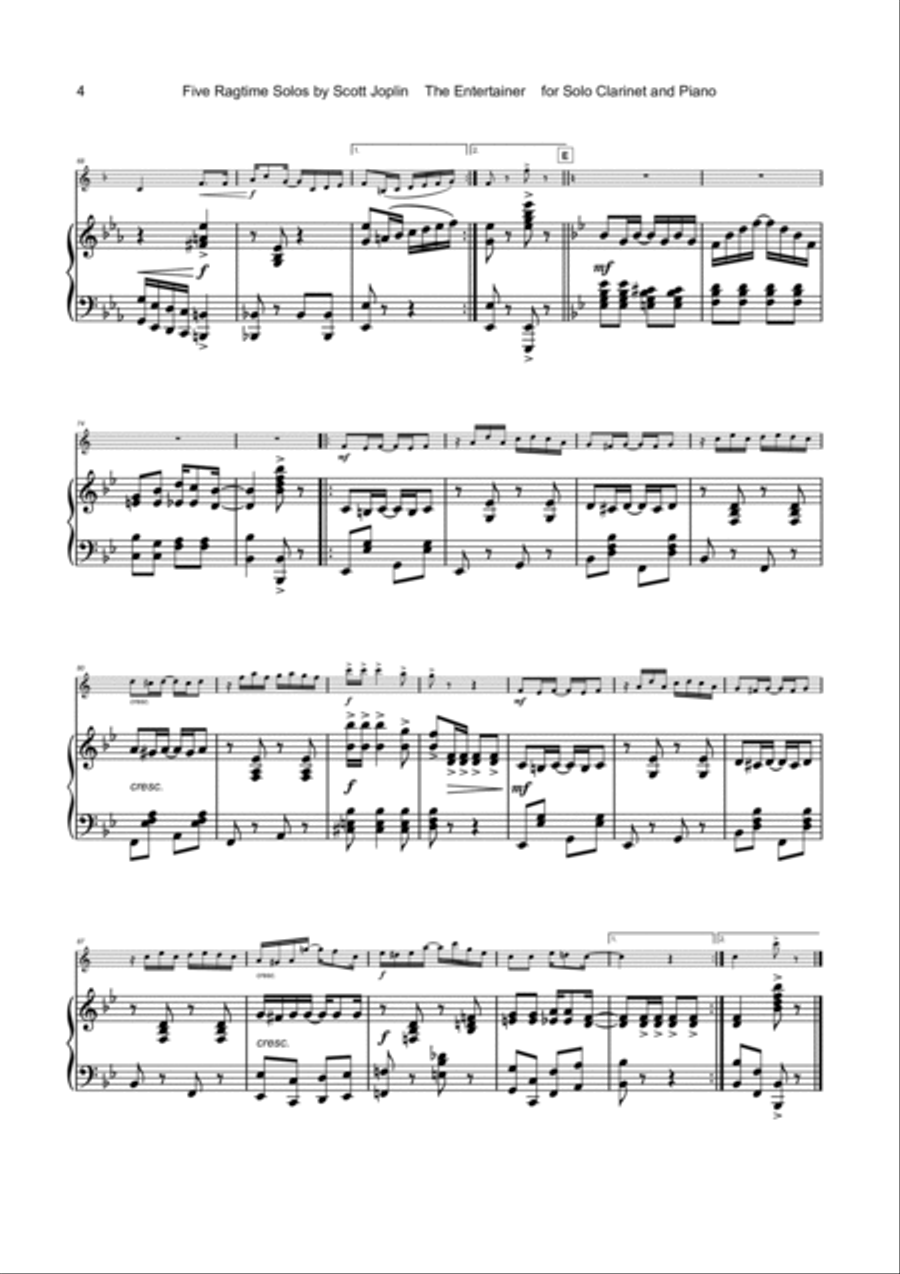 Five Ragtime Solos by Scott Joplin for Clarinet and Piano