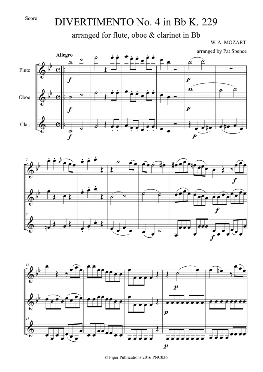 MOZART DIVERTIMENTO No. 4 in Bb K. 229 FOR FLUTE, OBOE & CLARINET Woodwind Trio scores gallery preview page 2