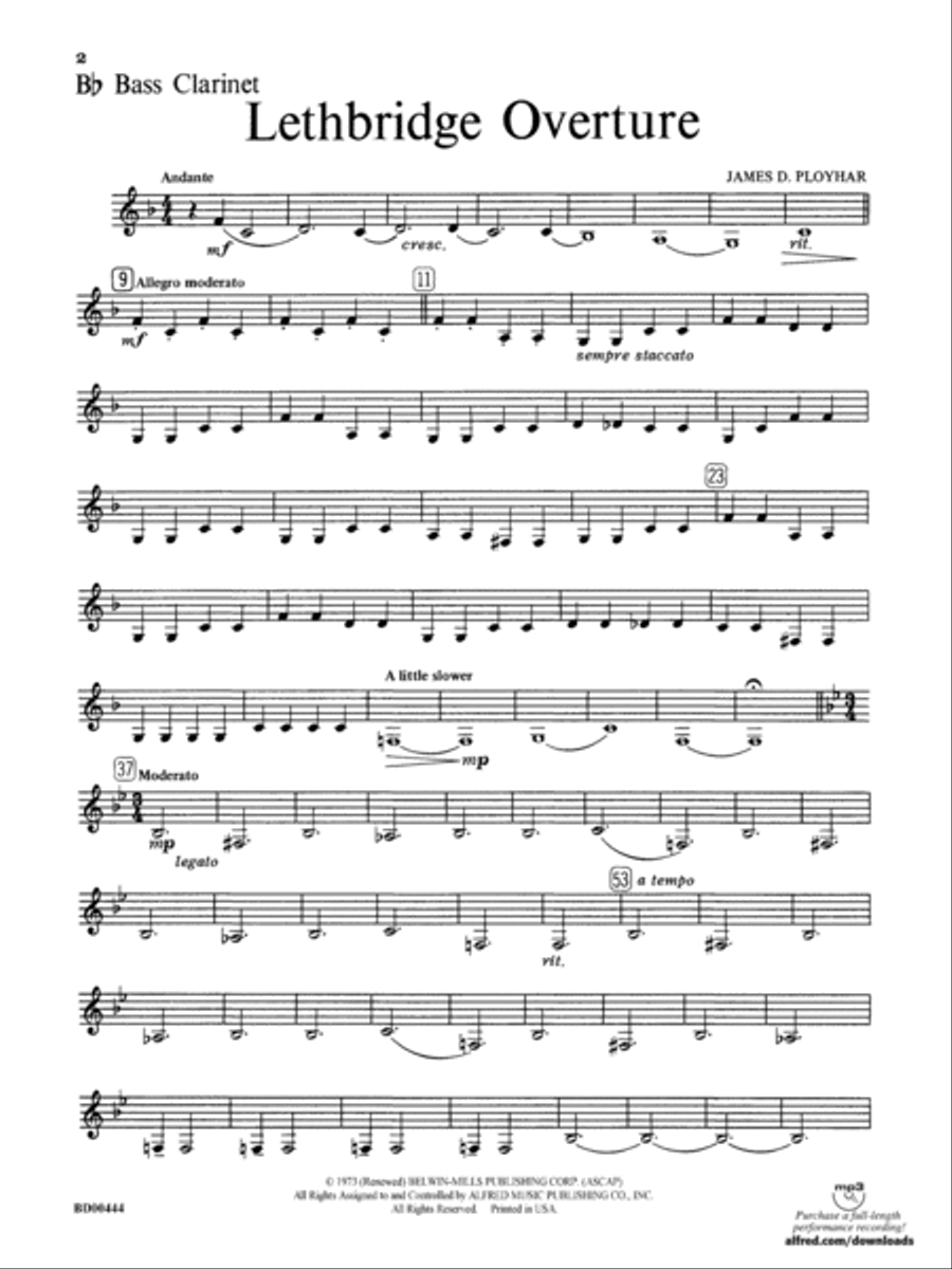Lethbridge Overture: B-flat Bass Clarinet Concert Band scores gallery preview page 1