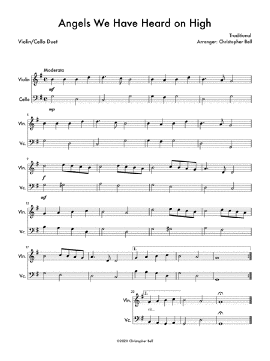 Angels We Have Heard on High - Easy Violin/Cello Duet String Duet scores gallery preview page 1