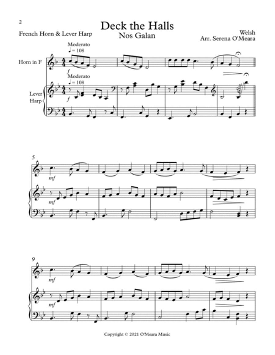 Deck The Halls, Duet for French Horn and Lever Harp Horn scores gallery preview page 2