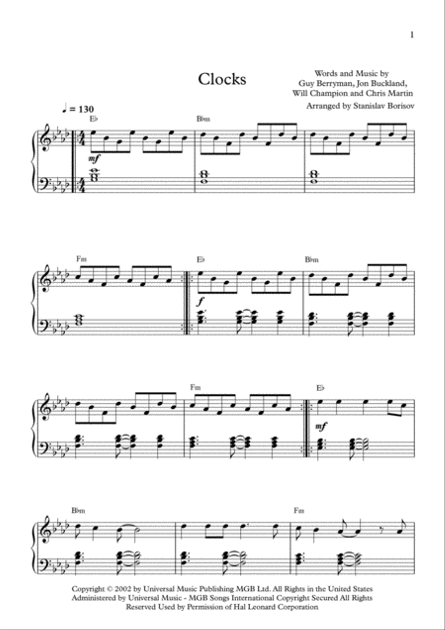 Clocks Clocks Easy Piano scores gallery preview page 1