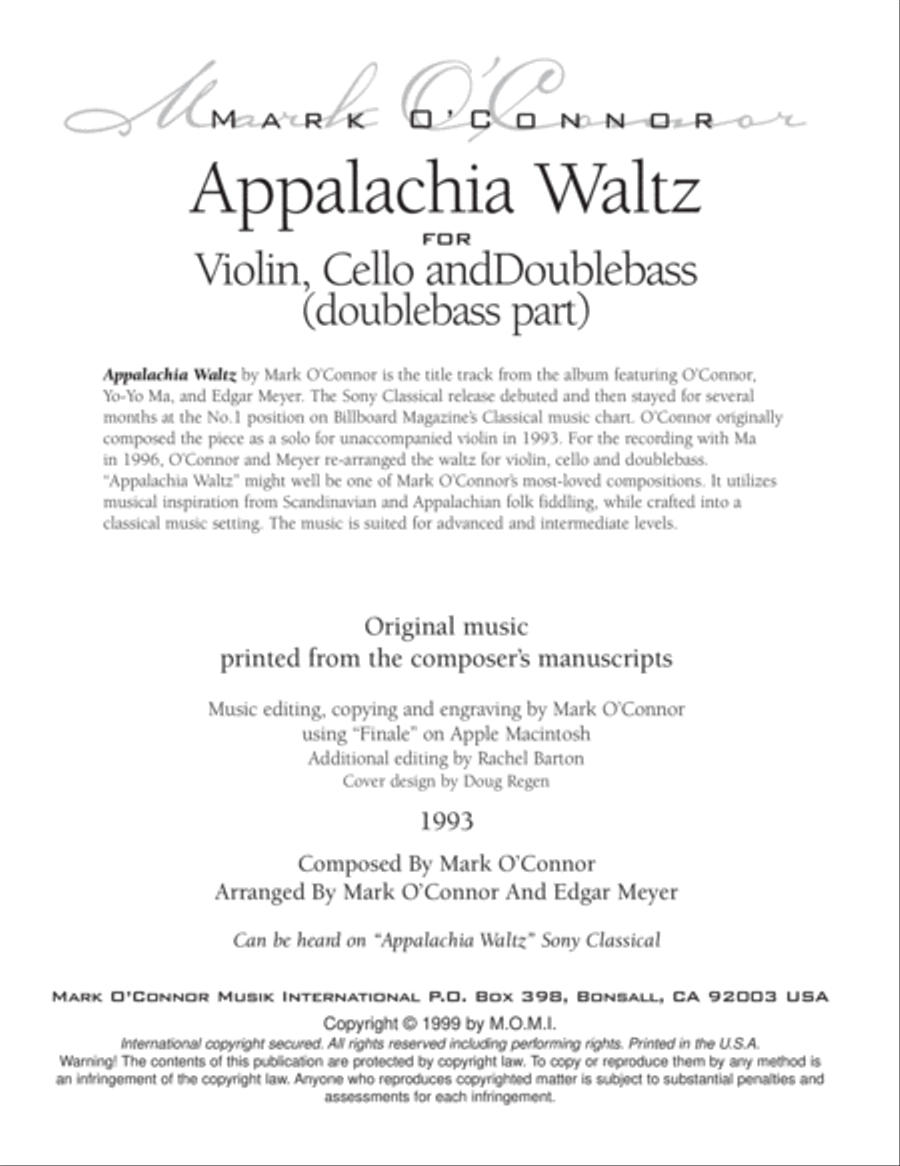 Appalachia Waltz (double bass part - vln, cel, bs) String Trio scores gallery preview page 3