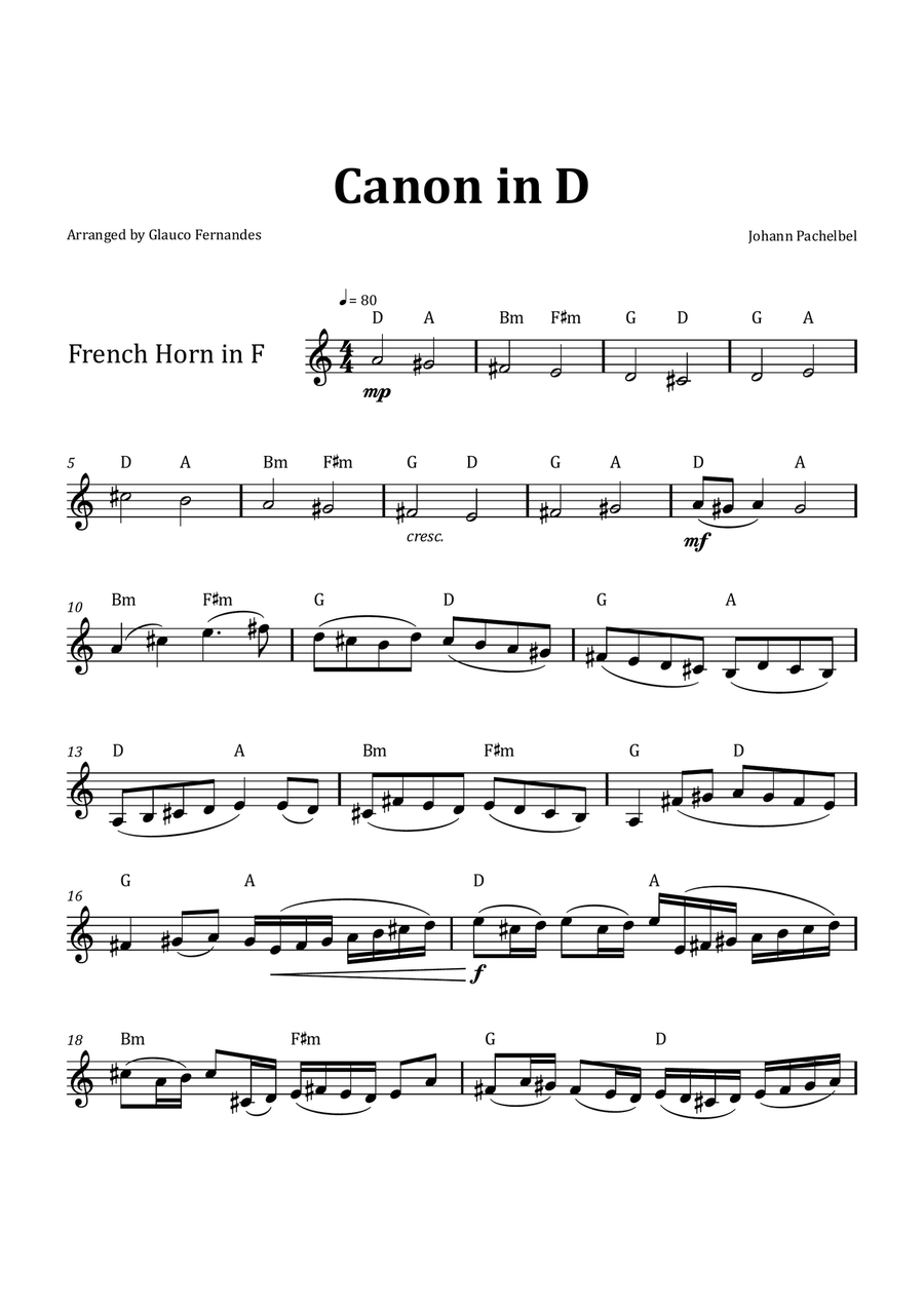 Canon by Pachelbel - French Horn & Chord Notation Chamber Music scores gallery preview page 1