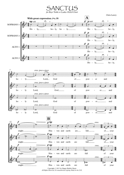 Sanctus (Holy, Holy, Holy) for Boys' Treble Choir or Ladies' SSAA Choir [English Version] image number null