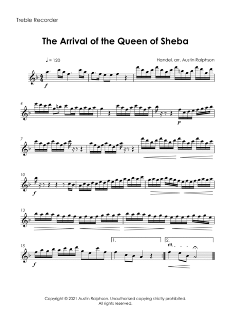 The Arrival of the Queen of Sheba - recorder quartet Soprano Recorder scores gallery preview page 4