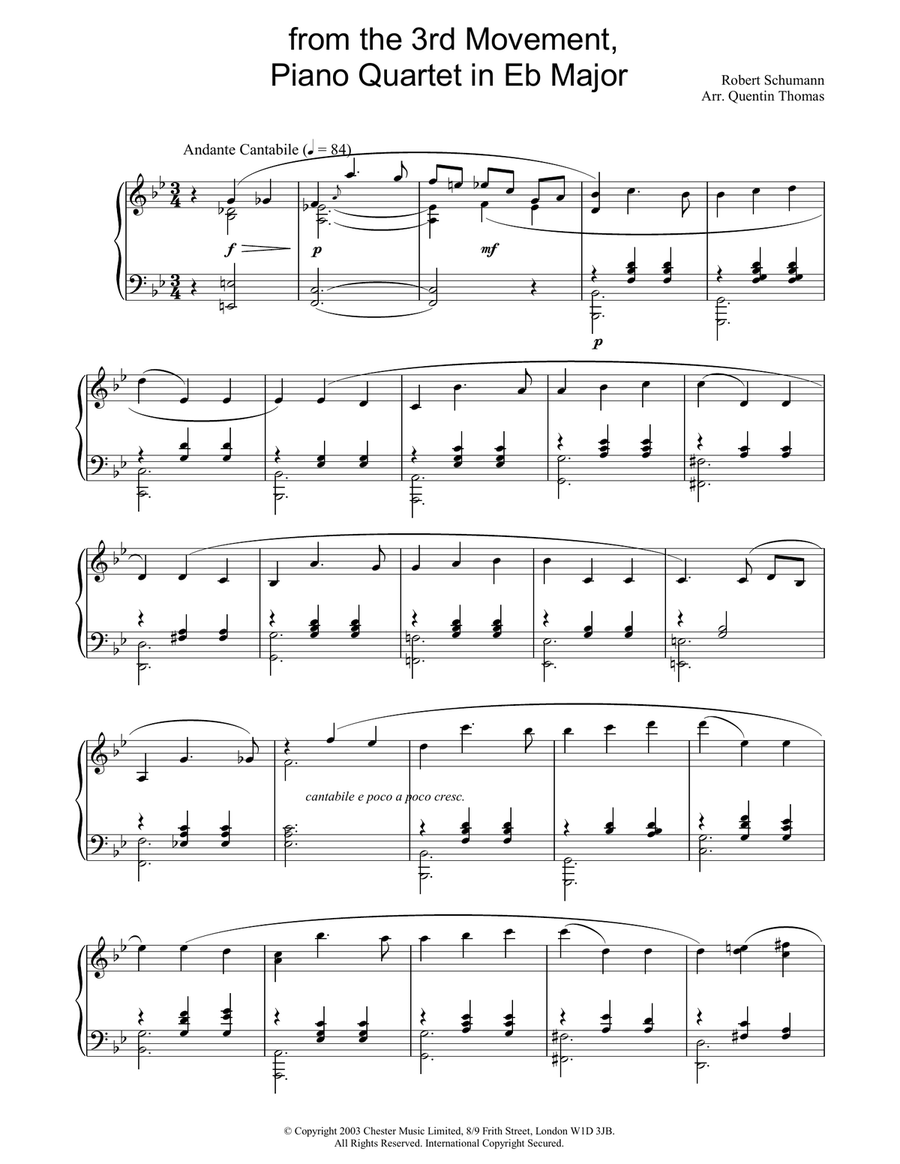 from the 3rd Movement, Piano Quartet in Eb Major by Robert Schumann Cello - Digital Sheet Music