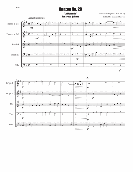 "Canzon No. 20: La Moranda" for Brass Quintet - Costanzo Antegnati image number null