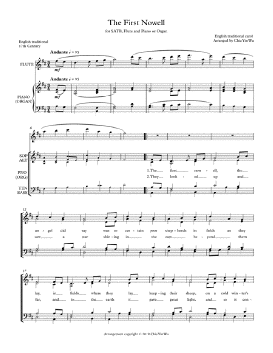 The First Nowell, for SATB/Congregation, Flute and Piano or Organ 4-Part scores gallery preview page 2