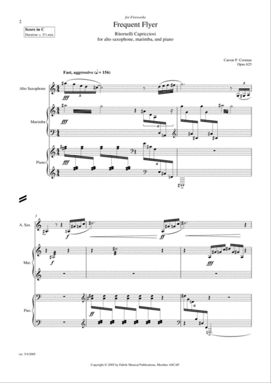 Carson Cooman: Frequent Flyer (2005) for alto saxophone, marimba, and piano Small Ensemble scores gallery preview page 2
