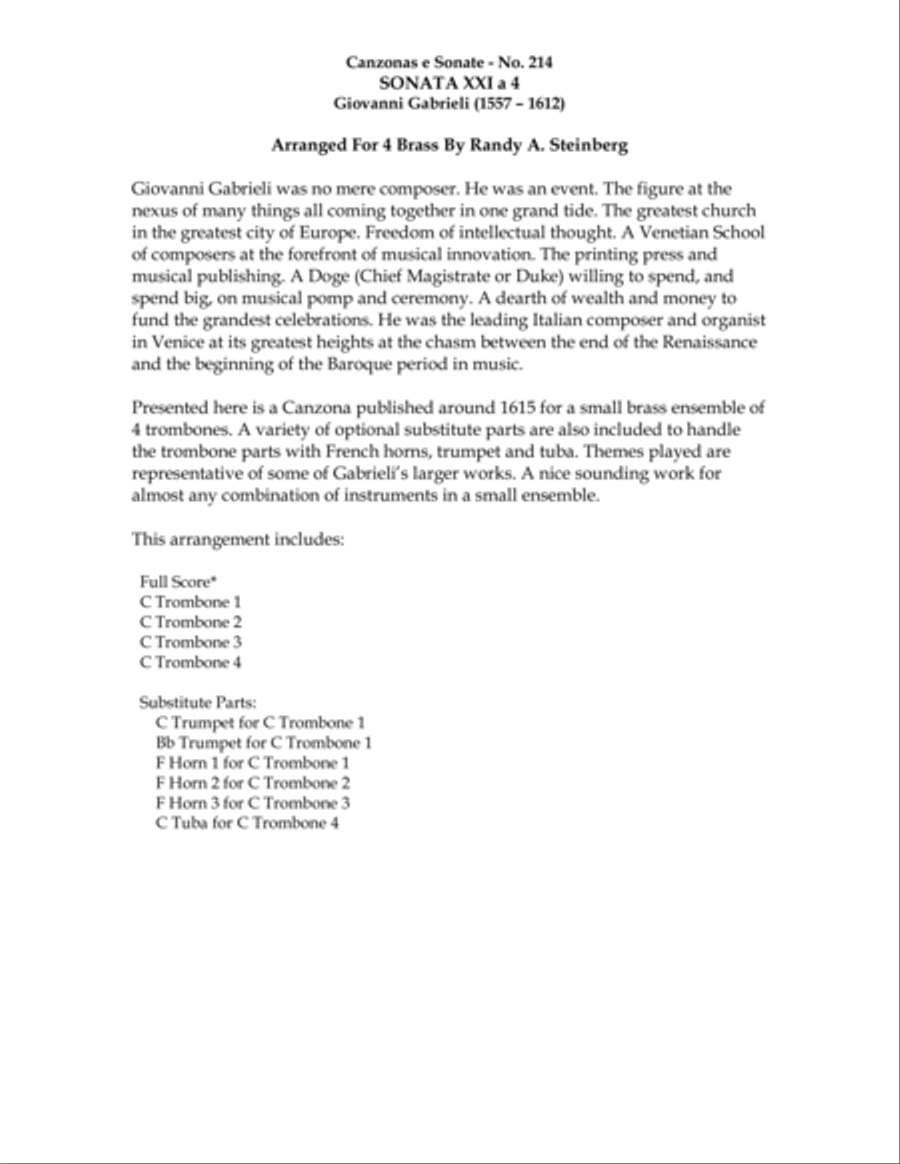 Sonata XXI a 4 - No. 214 Brass Ensemble scores gallery preview page 3