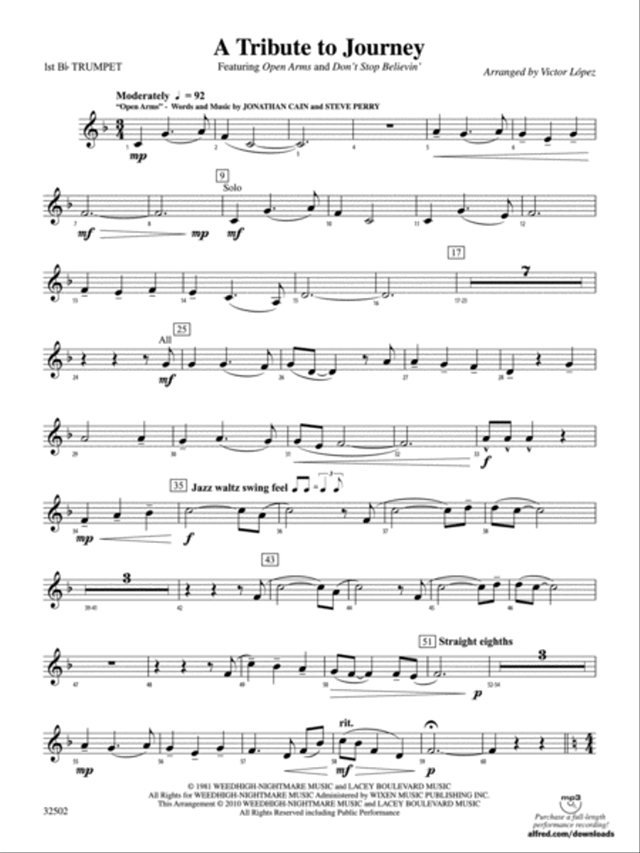 A Tribute to Journey: 1st B-flat Trumpet Concert Band scores gallery preview page 1