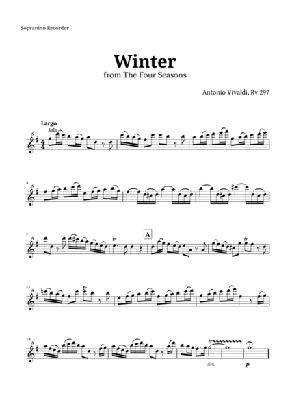 Largo from Winter by Vivaldi for Recorder Quintet and Piano with Chords image number null