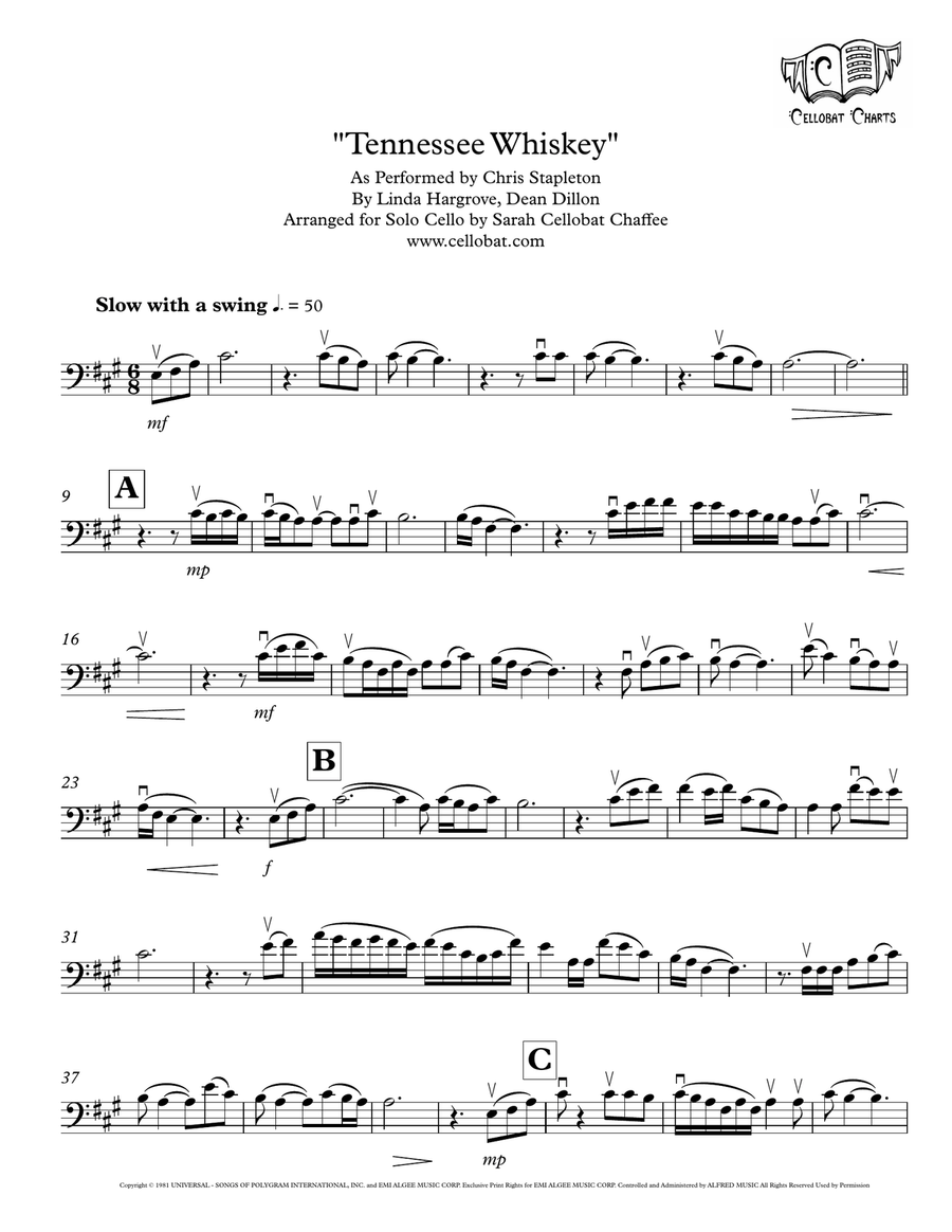 Tennessee Whiskey by Chris Stapleton Cello Solo - Digital Sheet Music