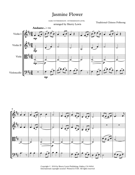 JASMINE FLOWER - Traditional Chinese Folk Song, String Quartet, Intermediate Level of 2 violins, vio image number null