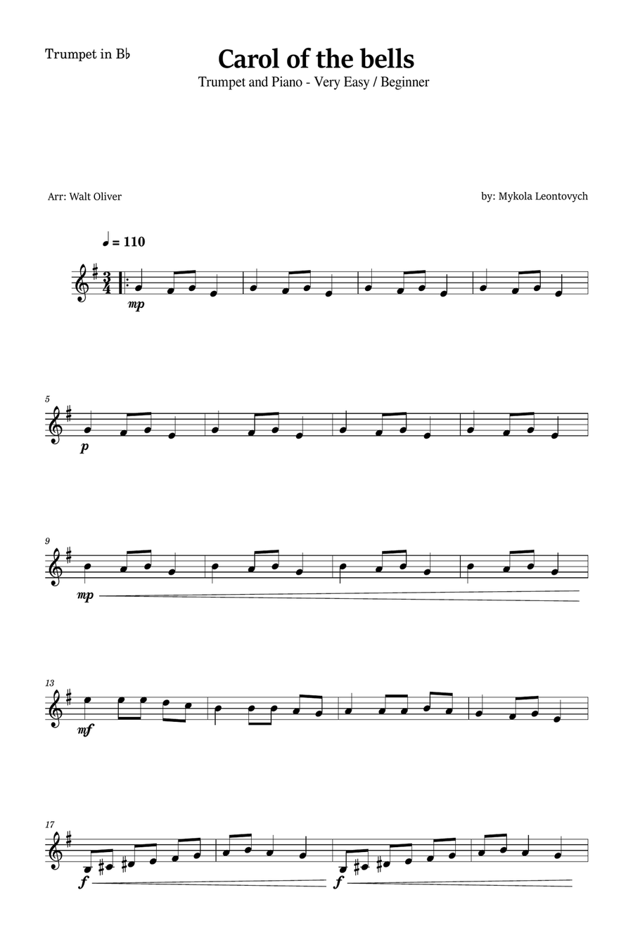 Carol of the Bells for Trumpet in Bb and Piano (Very Easy - Beginner) in D minor B-Flat Trumpet scores gallery preview page 4
