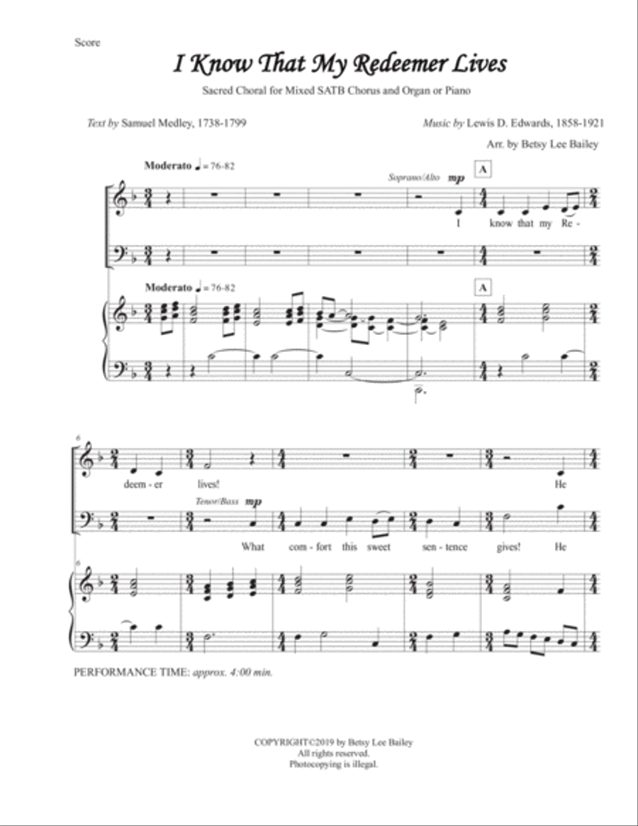 I Know That My Redeemer Lives for Mixed SATB Chorus and Organ or Piano image number null