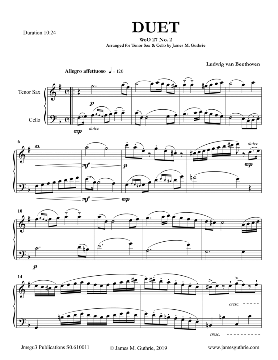 Beethoven: Duet WoO 27 No. 2 for Tenor Sax & Cello Tenor Saxophone scores gallery preview page 1