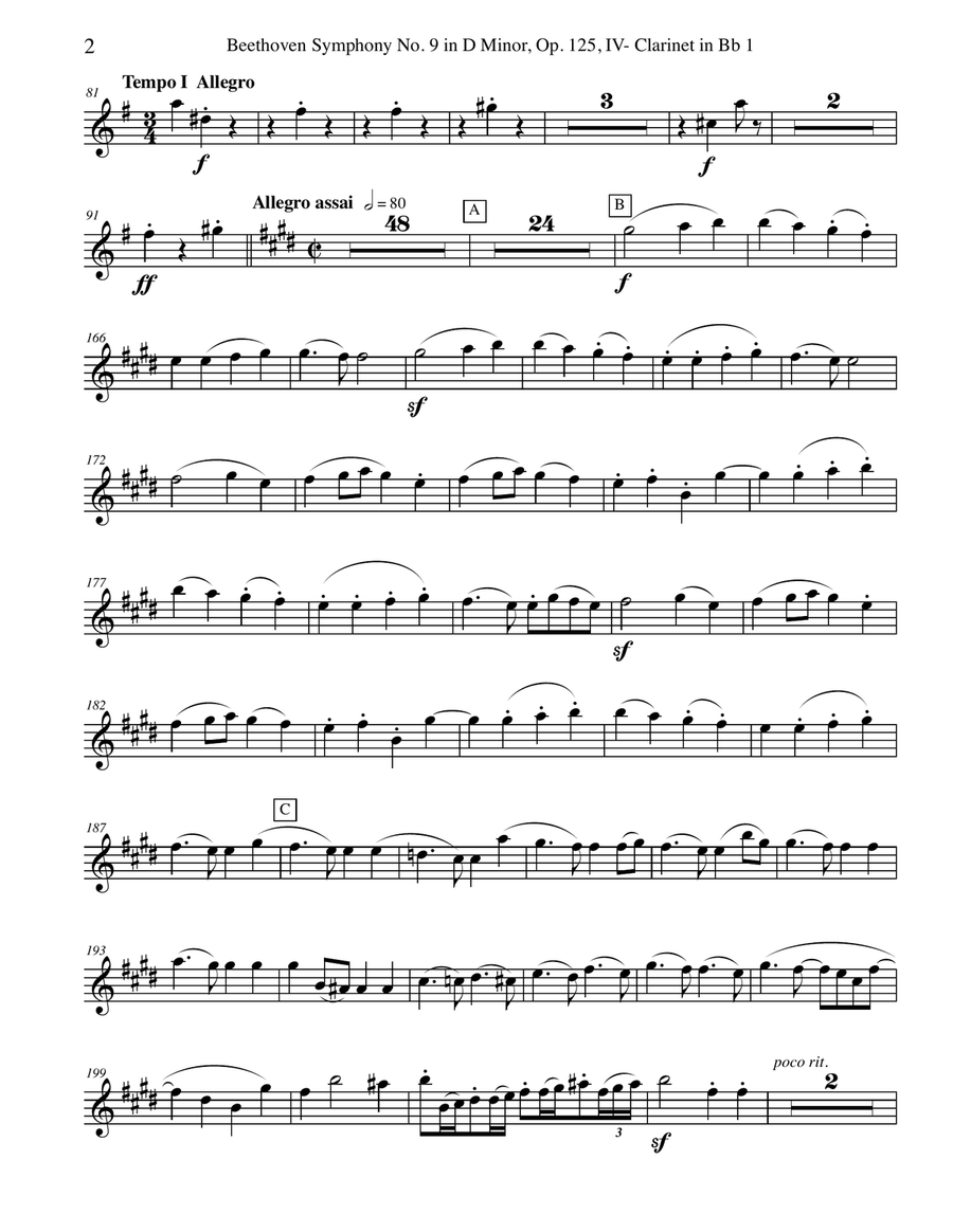 Beethoven Symphony No. 9, Movement IV - Clarinet in Bb 1 (Transposed Part), Op. 125 B-Flat Clarinet scores gallery preview page 2