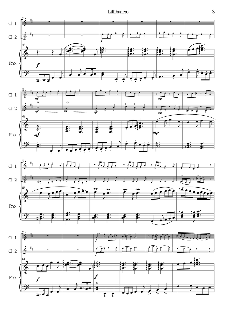 Lilliburlero for 2 clarinets and piano Clarinet Duet scores gallery preview page 3
