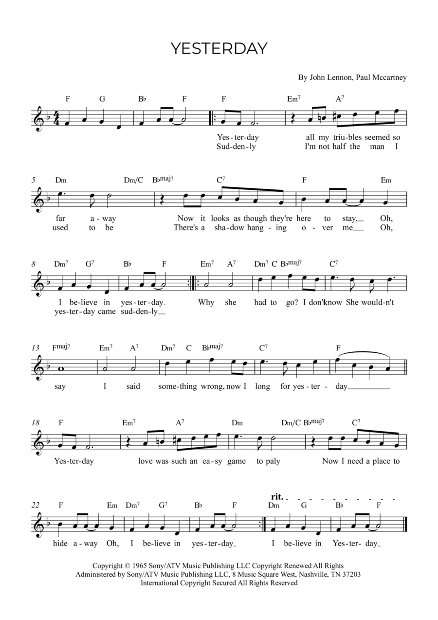 Yesterday Easy Piano scores gallery preview page 1