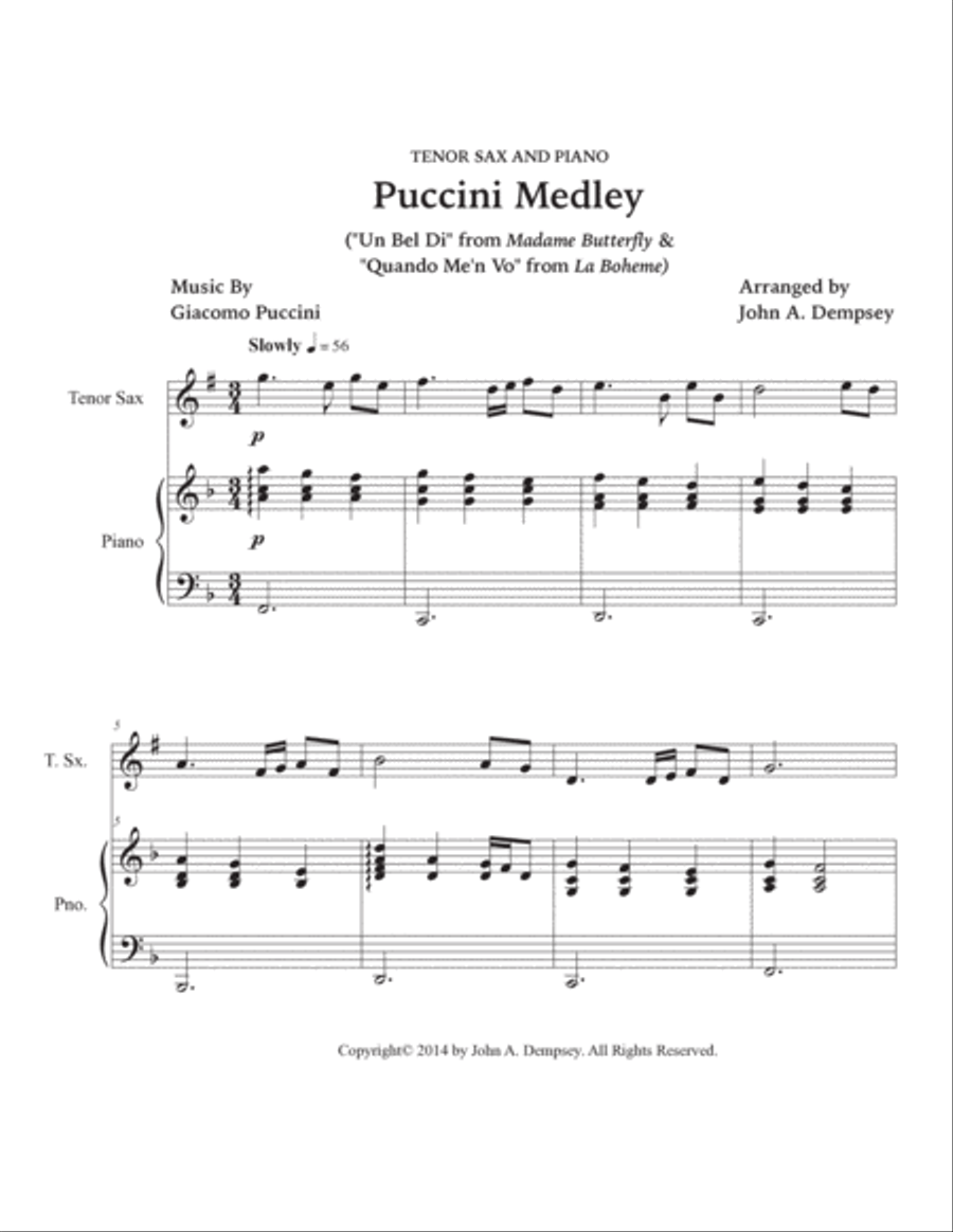 Puccini Medley: Un Bel Di (Madame Butterfly) and Musetta's Waltz (La Boheme): Tenor Sax and Piano Tenor Saxophone scores gallery preview page 5